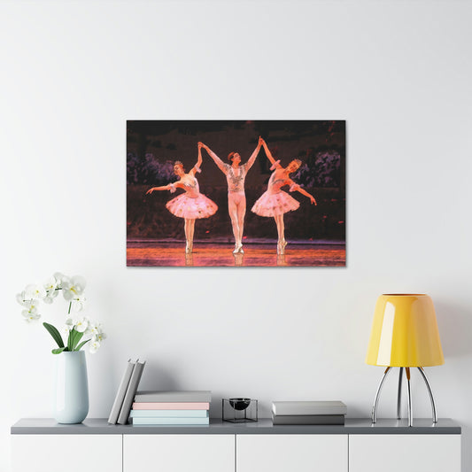 Oil canvas print of a sketch style painting of 3 dancers performing on stage holding hands. Male dancer in white Female Dancers in pink.