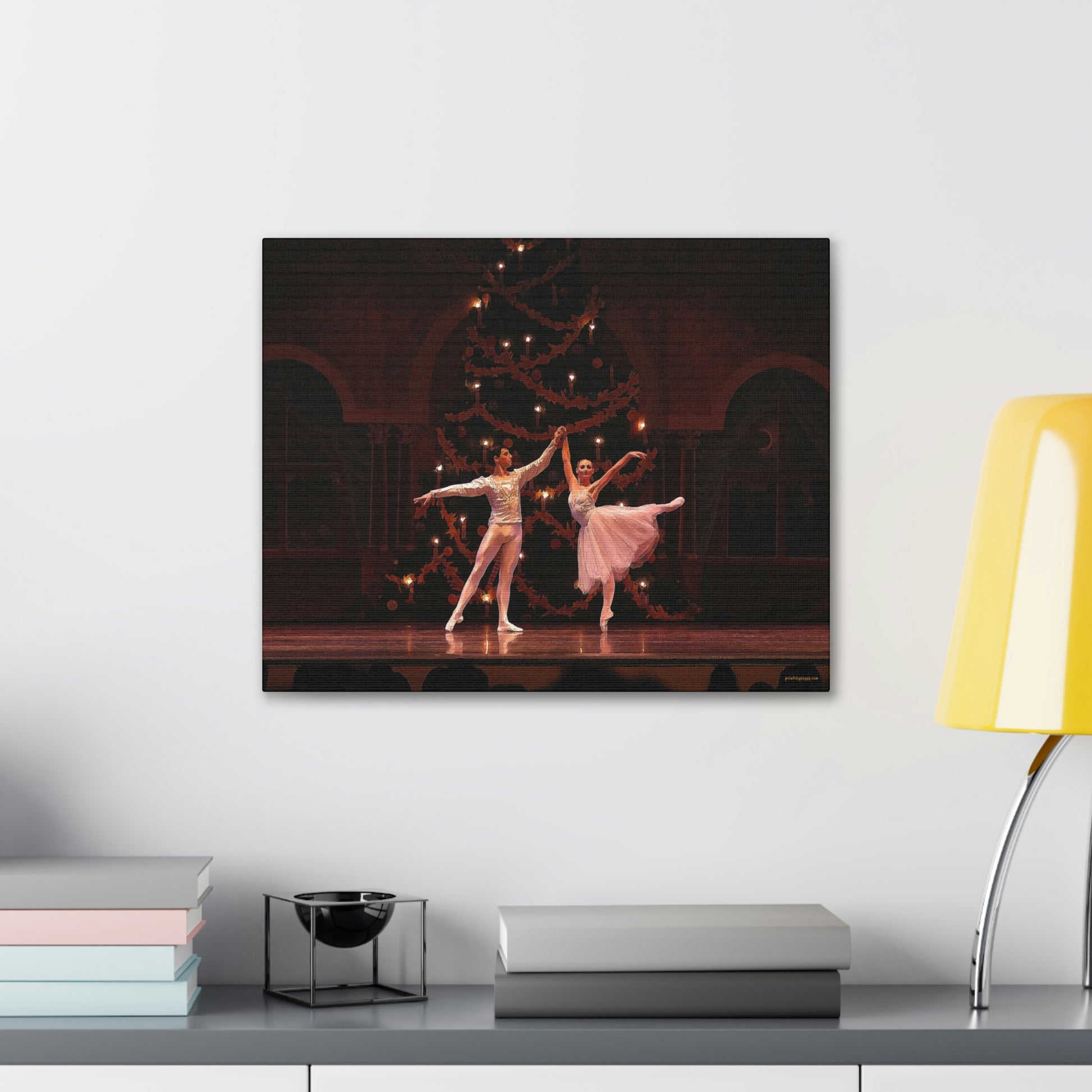 A Canvas Painting in a larger size hanging over a desk of a Ballet couple dancing in a Nutcracker performance on stage