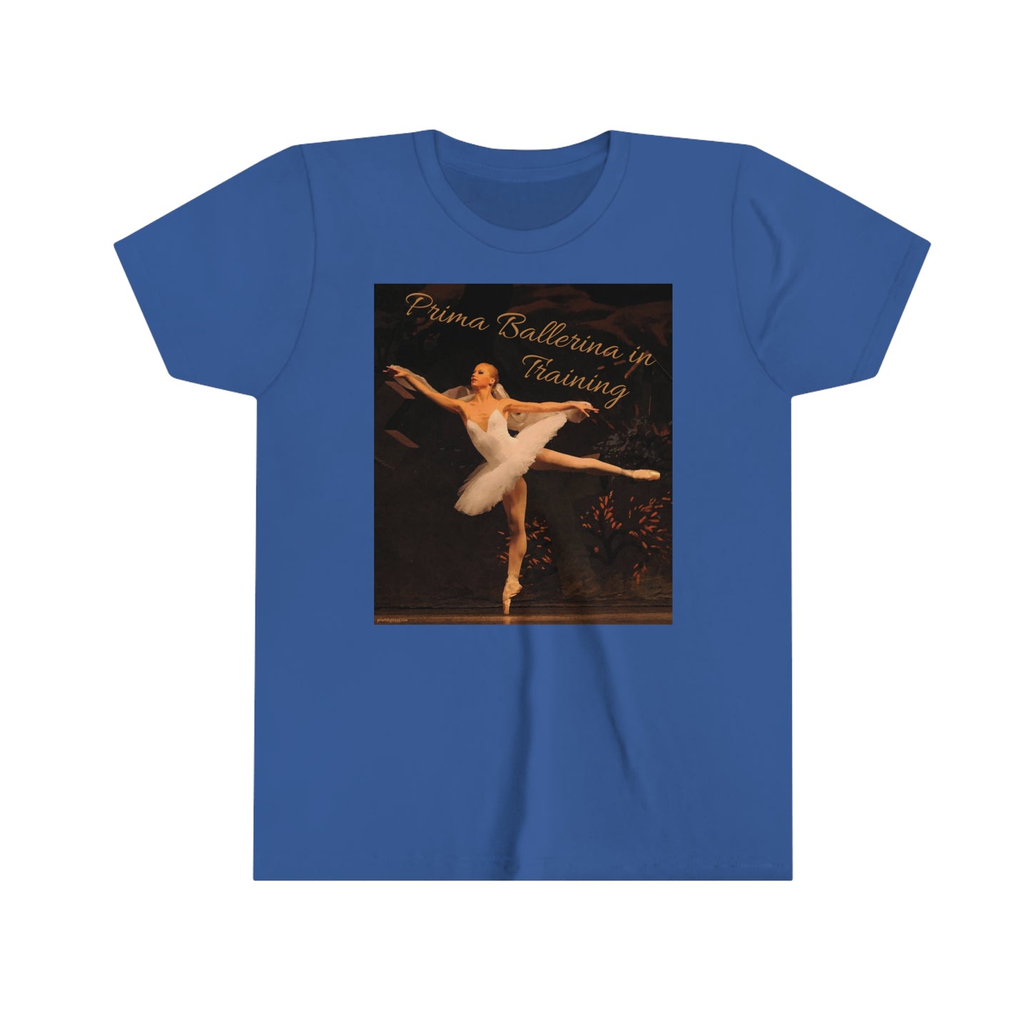 front side of dark blue tee shirt with a ballerina pictured and text saying 'Prima Ballerina in Training'