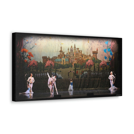 Canvas print with a beautiful painted ancient stone city on a hilltop as a backdrop with 7 dancers in various poses both male and female.