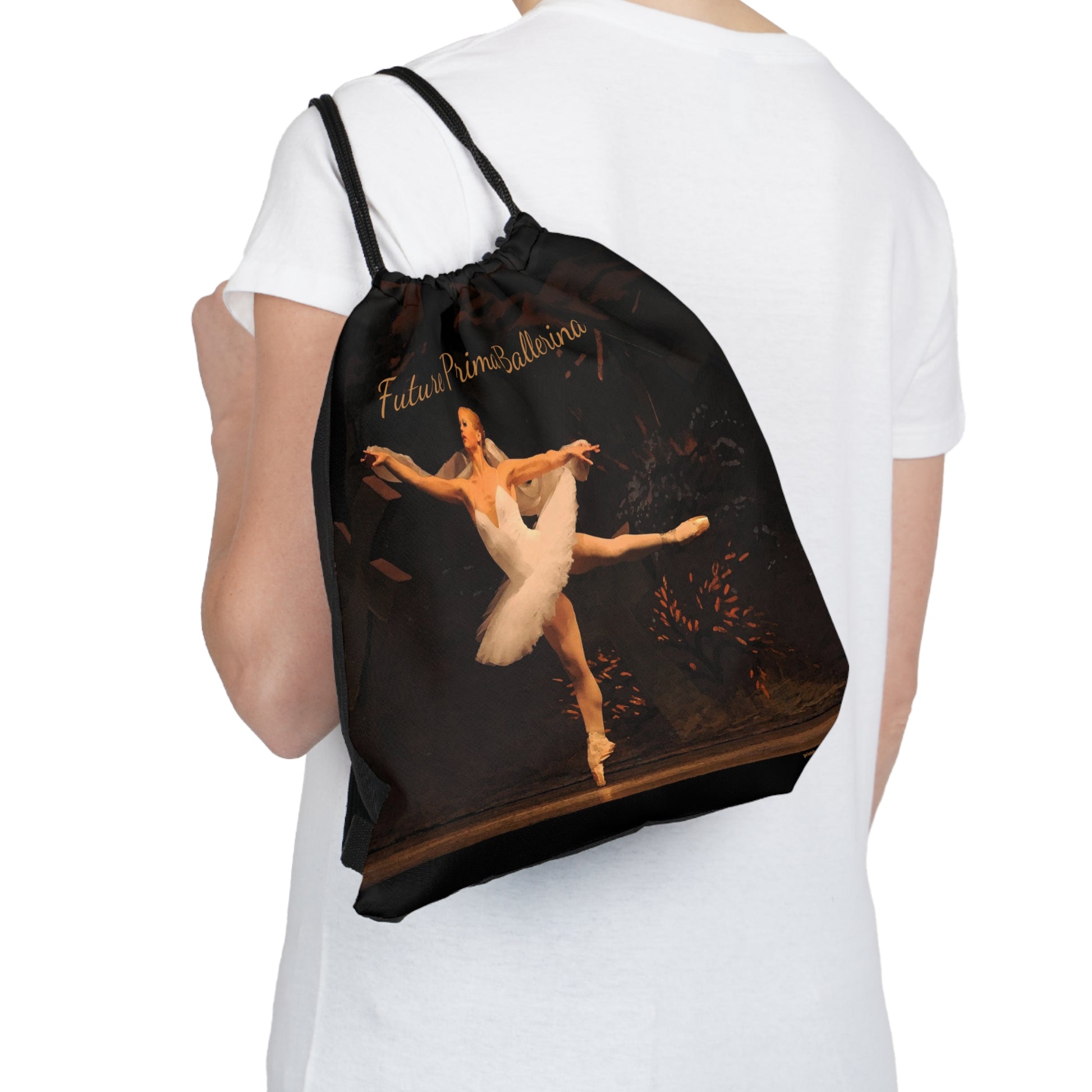 black drawstring bag with the text Future Prima Ballerina in cursive with a ballet dancer en pointe in a full arabesque with a white tutu.  