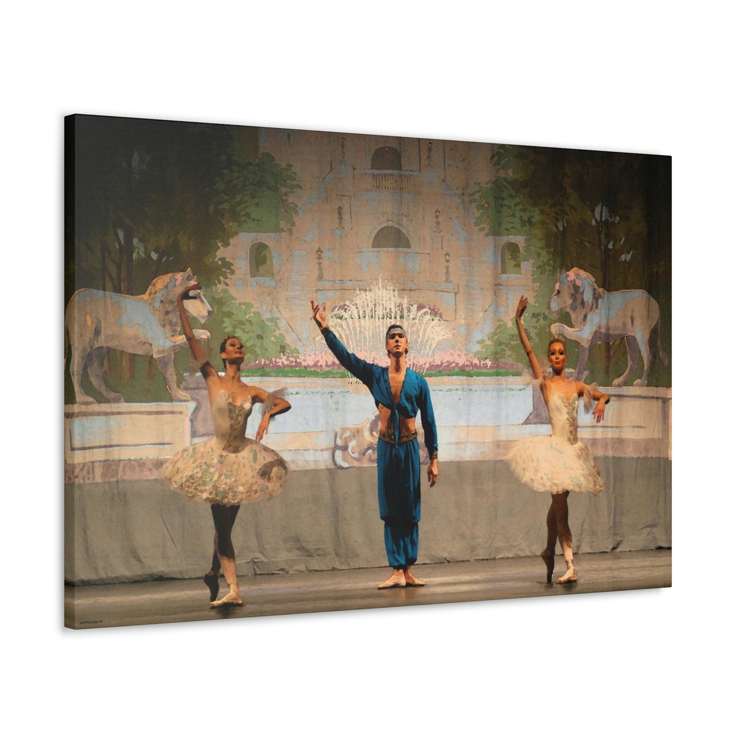 painting of 3 dancers from a Nutcracker performance. Two female dancers wearing white with a male dancer wearing bright blue in the center. Arabian scene.