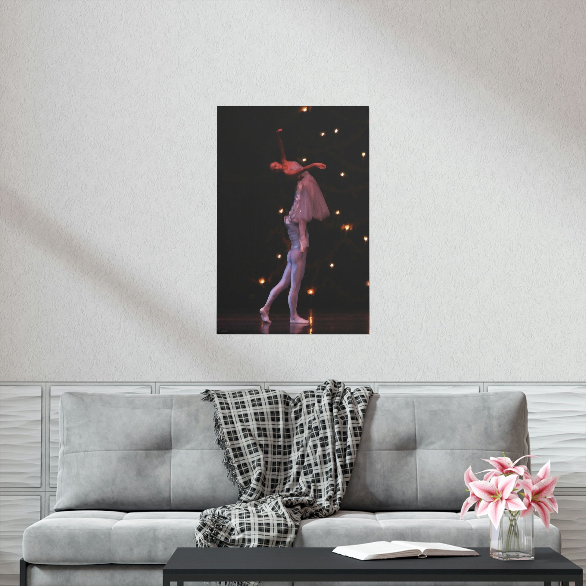 male dancer holding a female dancer in the air on a black background on a premium matte poster.