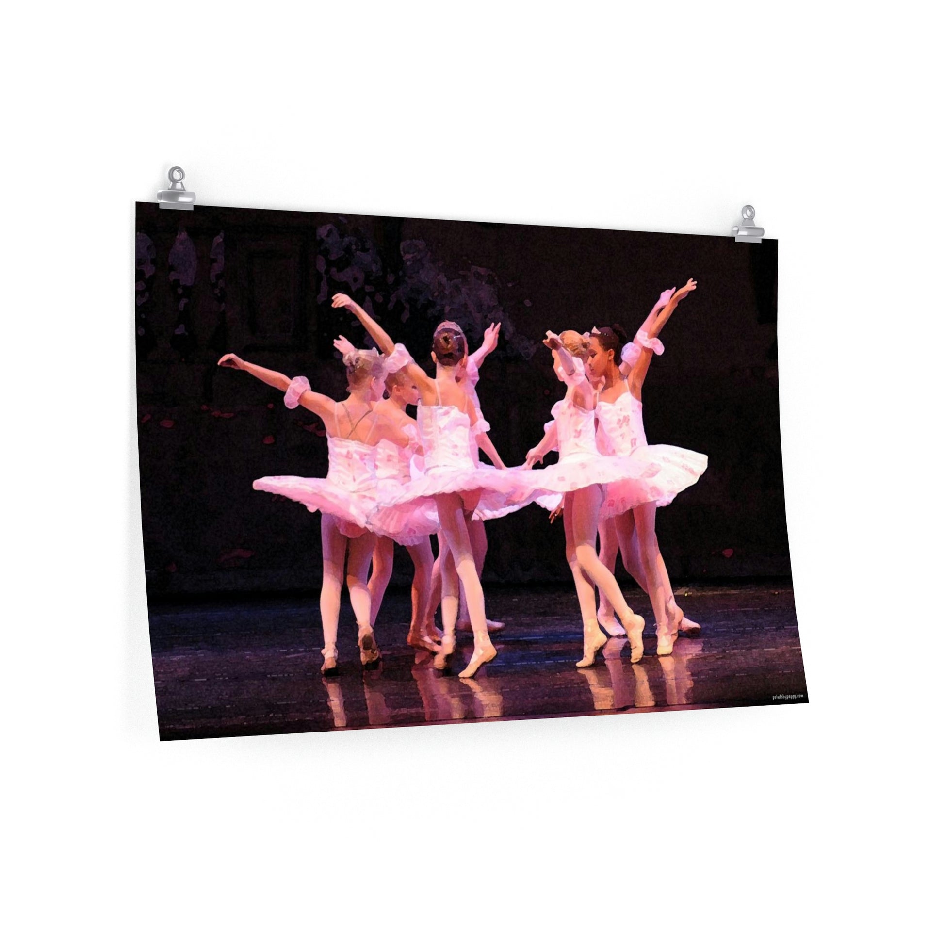 child dancers in pink tutus on a dark background on a premium matte poster