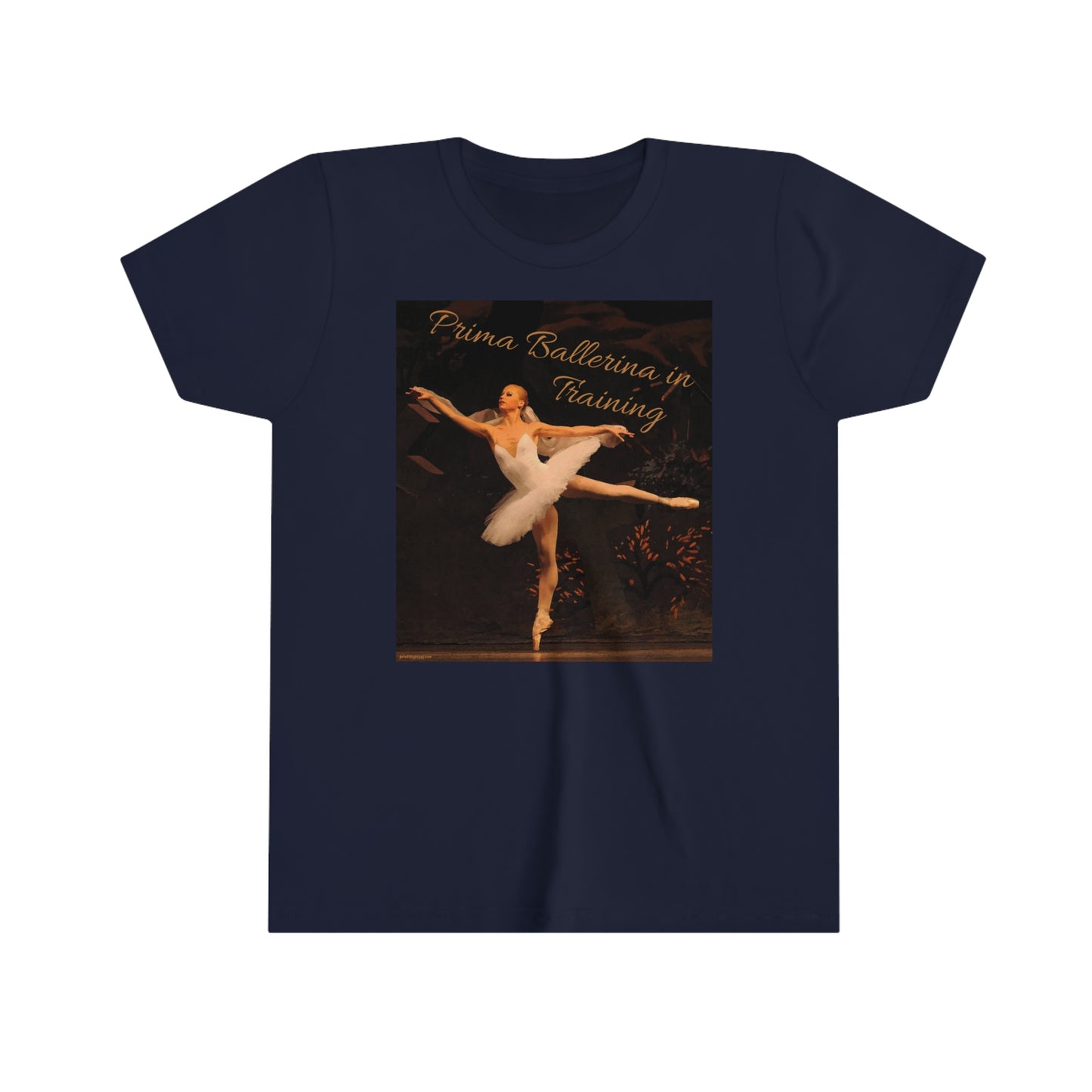 front side of navy blue tee shirt with a ballerina pictured and text saying 'Prima Ballerina in Training'