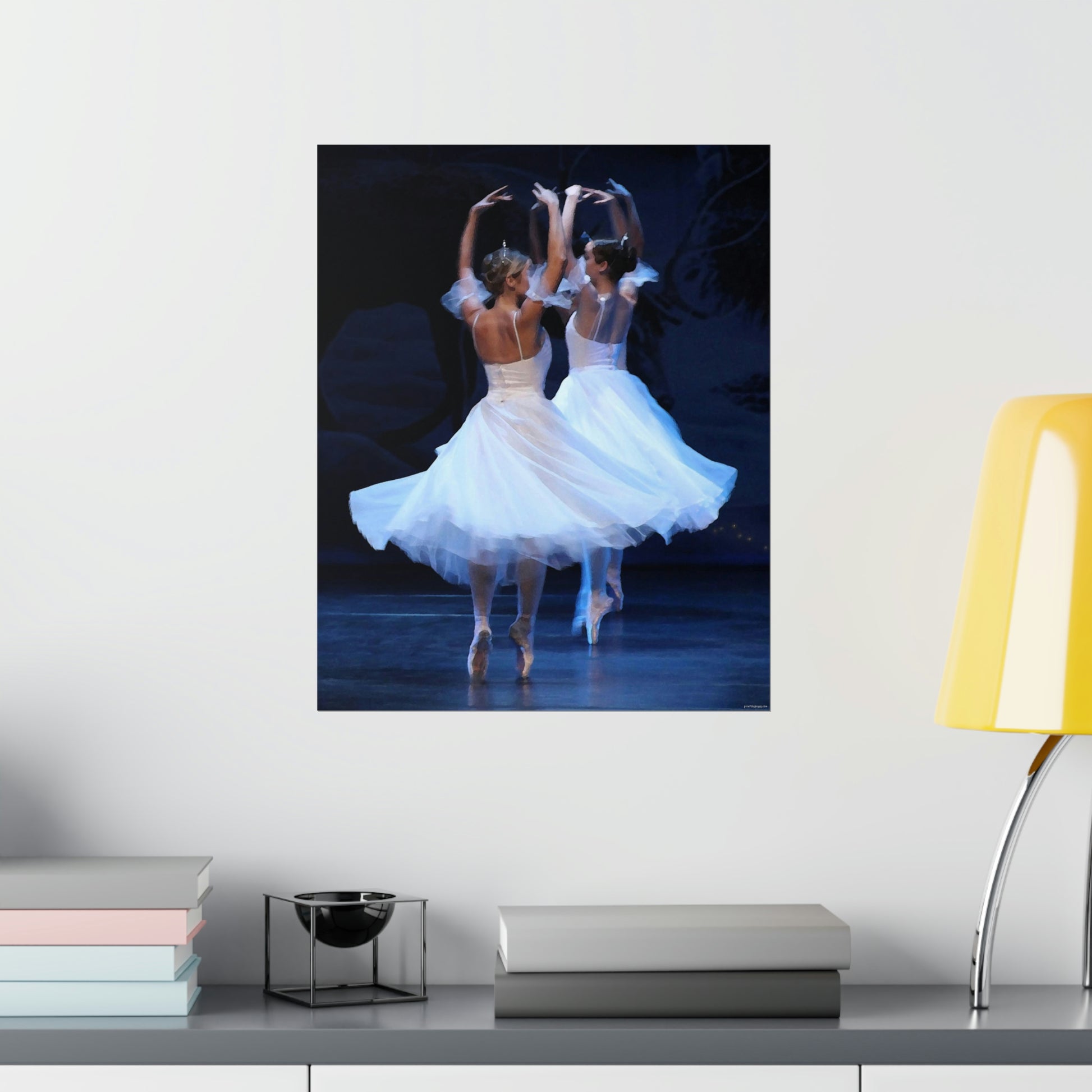 two ballerinas in white flowing costumes with a dark background on a premium matte poster.