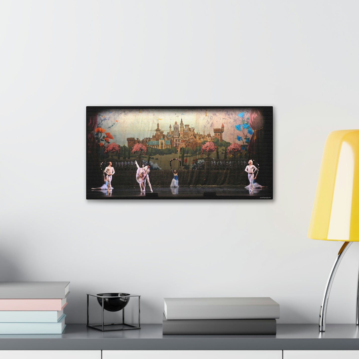 Canvas print with a beautiful ancient stone city on a hilltop in the background with 7 dancers in various poses both male and female.