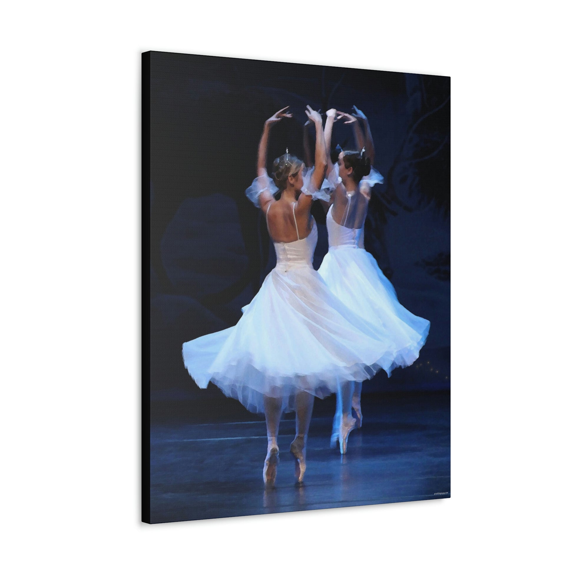 painting hanging on a white wall of two ballerinas wearing tiaras and white dresses on point 