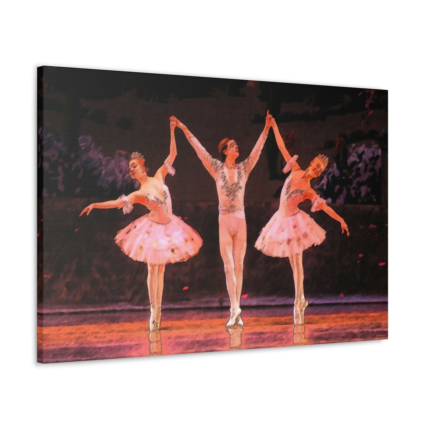 canvas print of a sketch of 3 dancers performing on stage holding hands