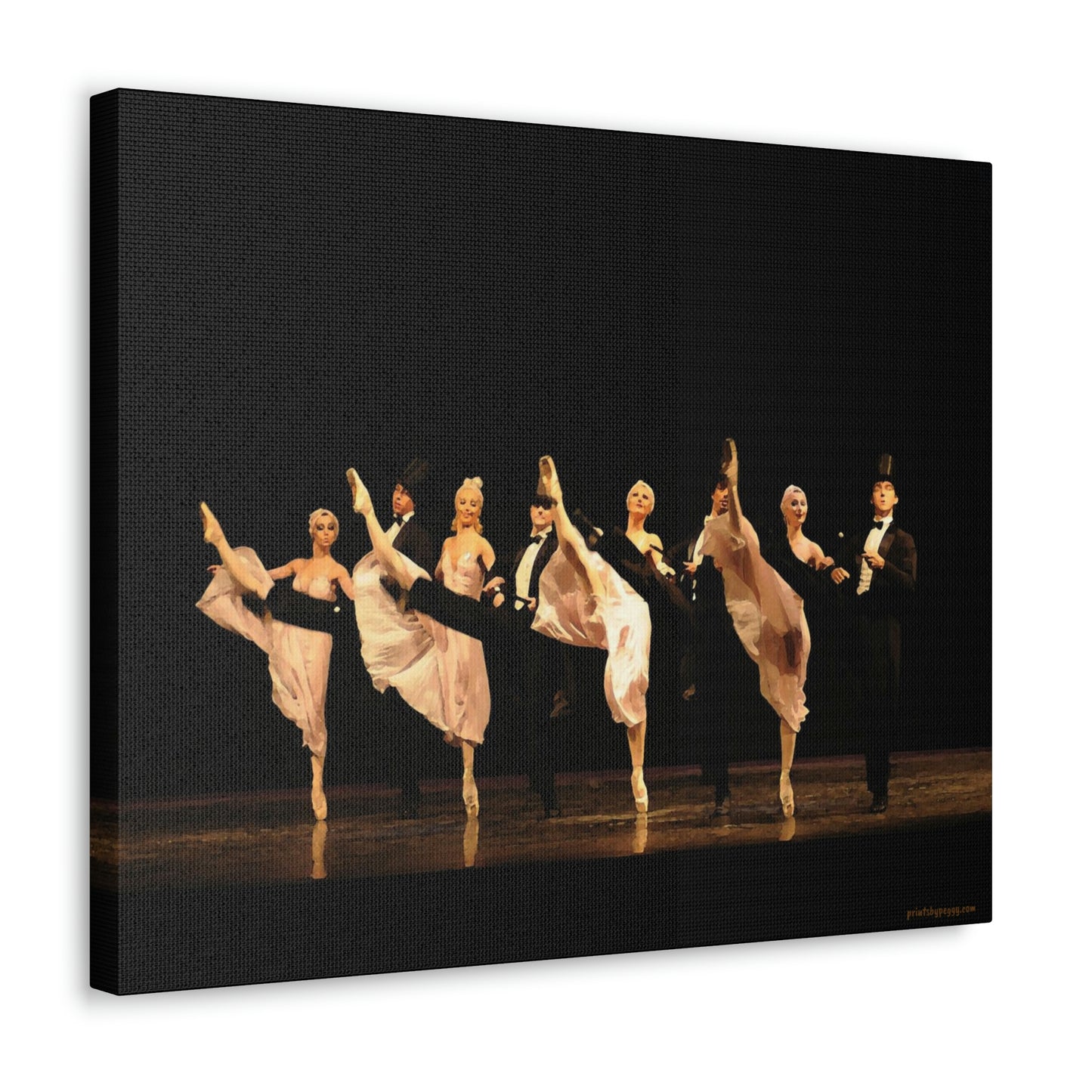 An oil canvas print of a kick line comprised of male and female dancers. Females are in white and the males are in tuxedos with top hats on a stage with a black backdrop.