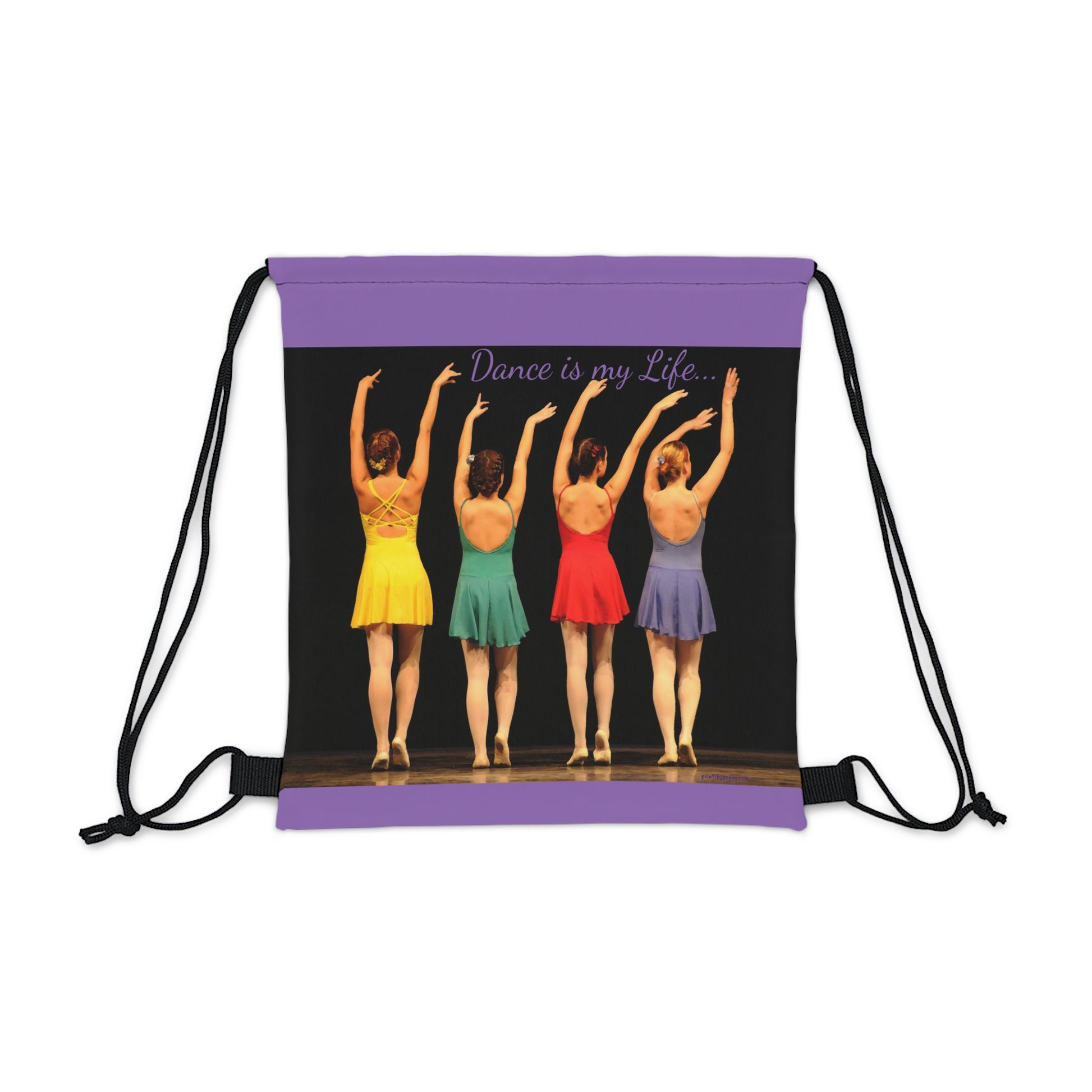 purple drawstring bag with modern dancers in multicolored costumes text says Dance is my life