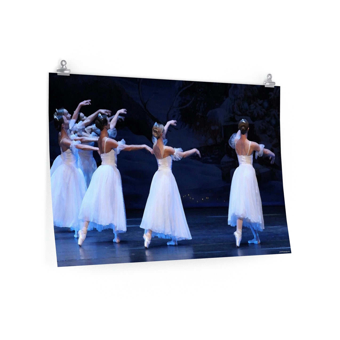 multiple female dancers in white flowing costumes with a dark background on a premium matte poster.