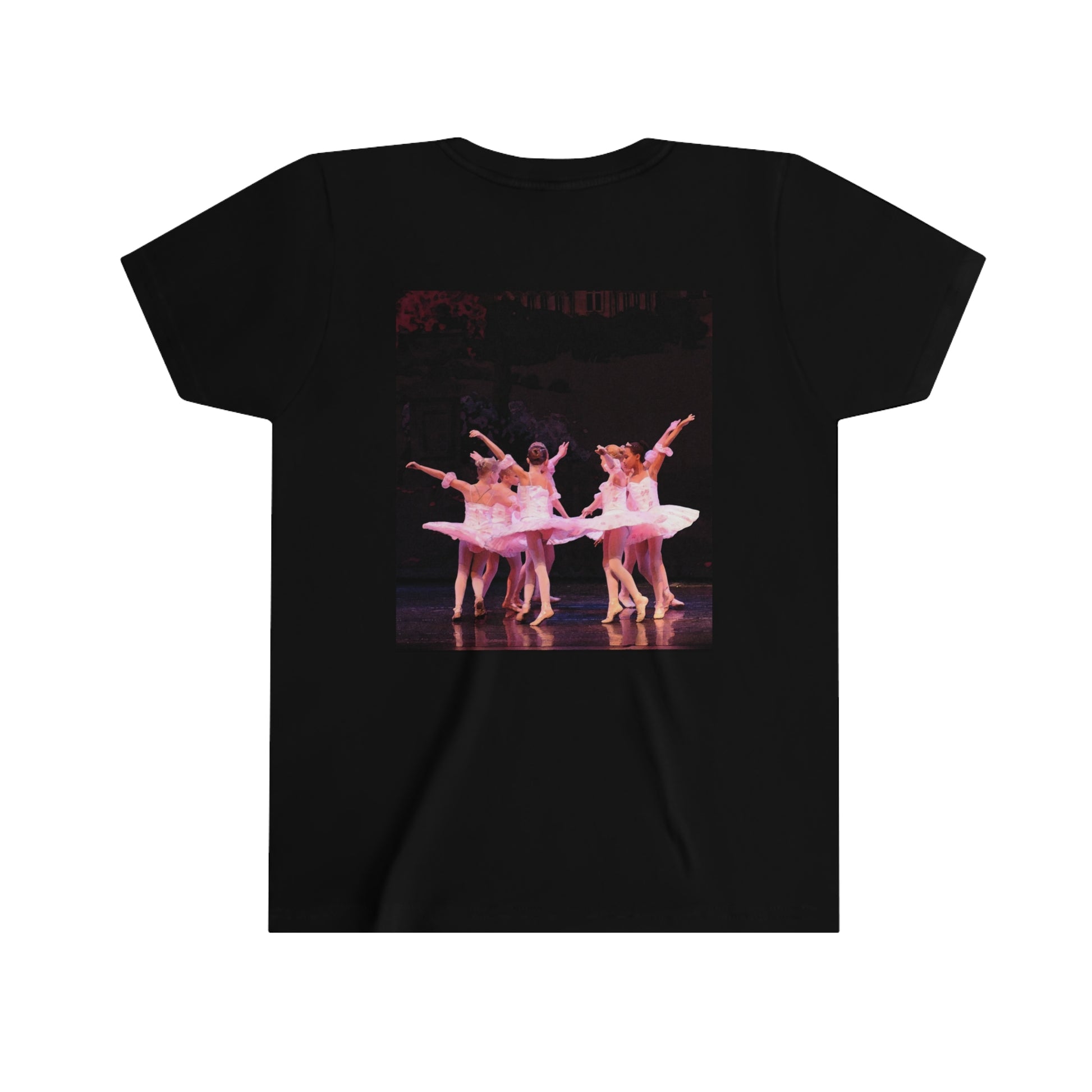 back view of black tee shirt with little ballerinas in pink tutus