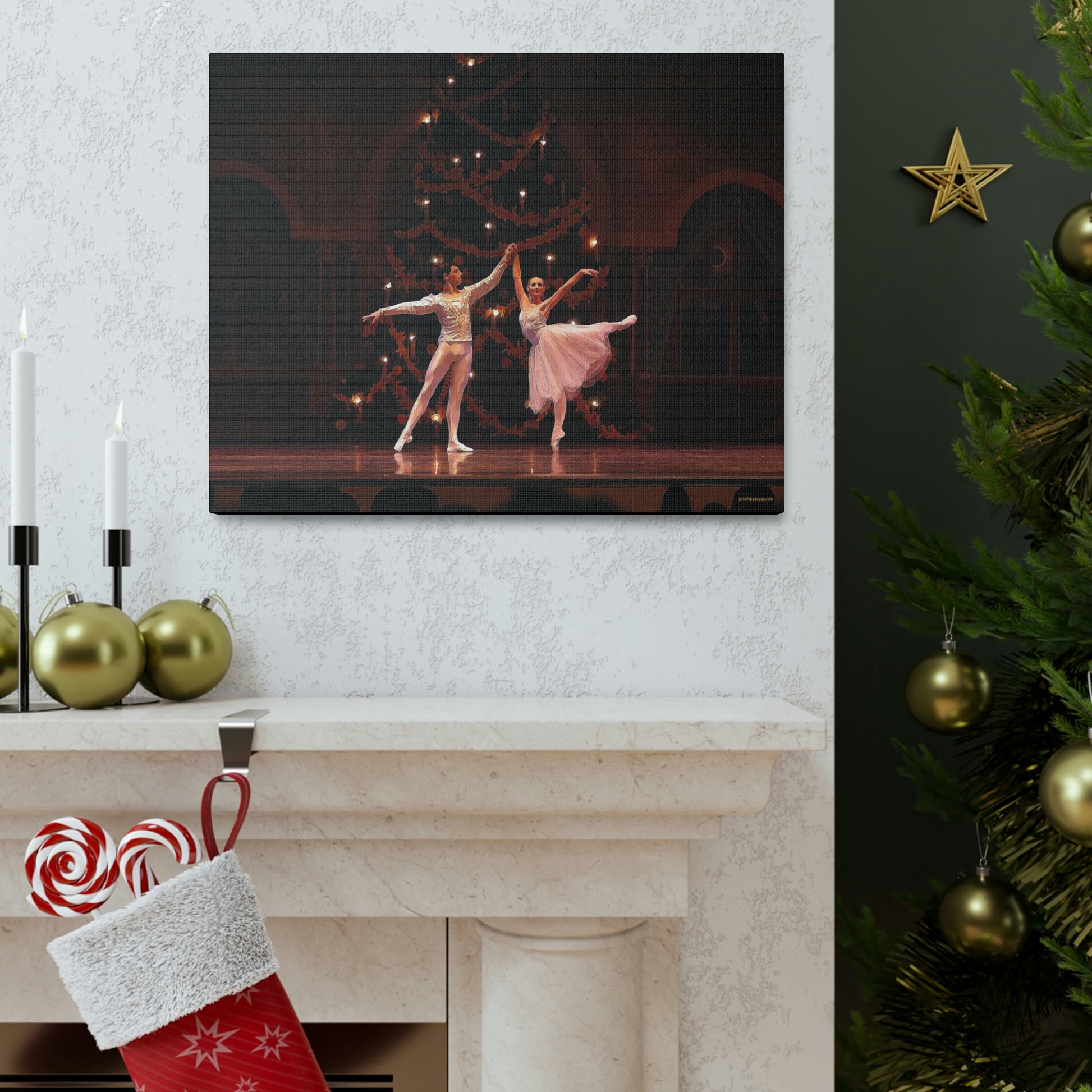 A holiday setting displaying a painting of a Ballet couple dancing in a Nutcracker performance on stage