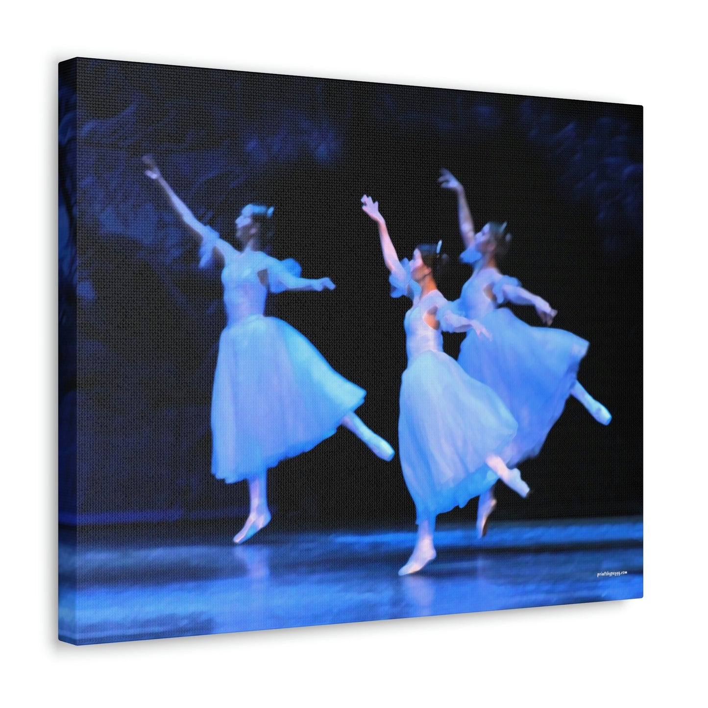 a photo of a painting in a home setting of three ballerinas performing on a stage dressed in white with light casting hues of blue 