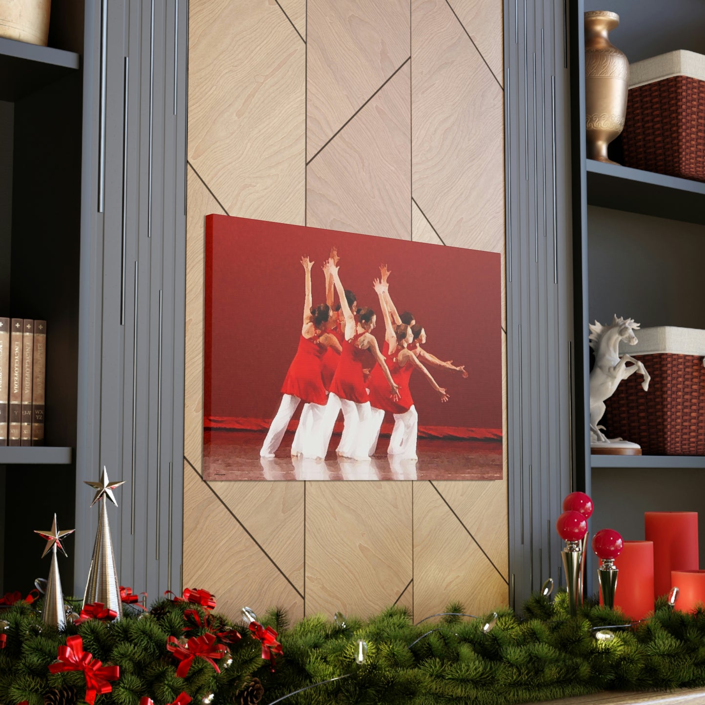 modern dancers dressed in red and white costumes shown from rear