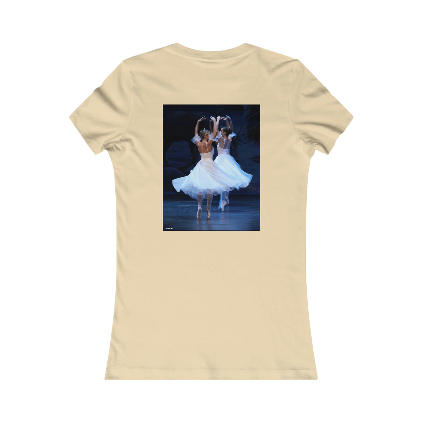 back side of the off-white tee shirt with two ballerinas pictured spinning on a stage