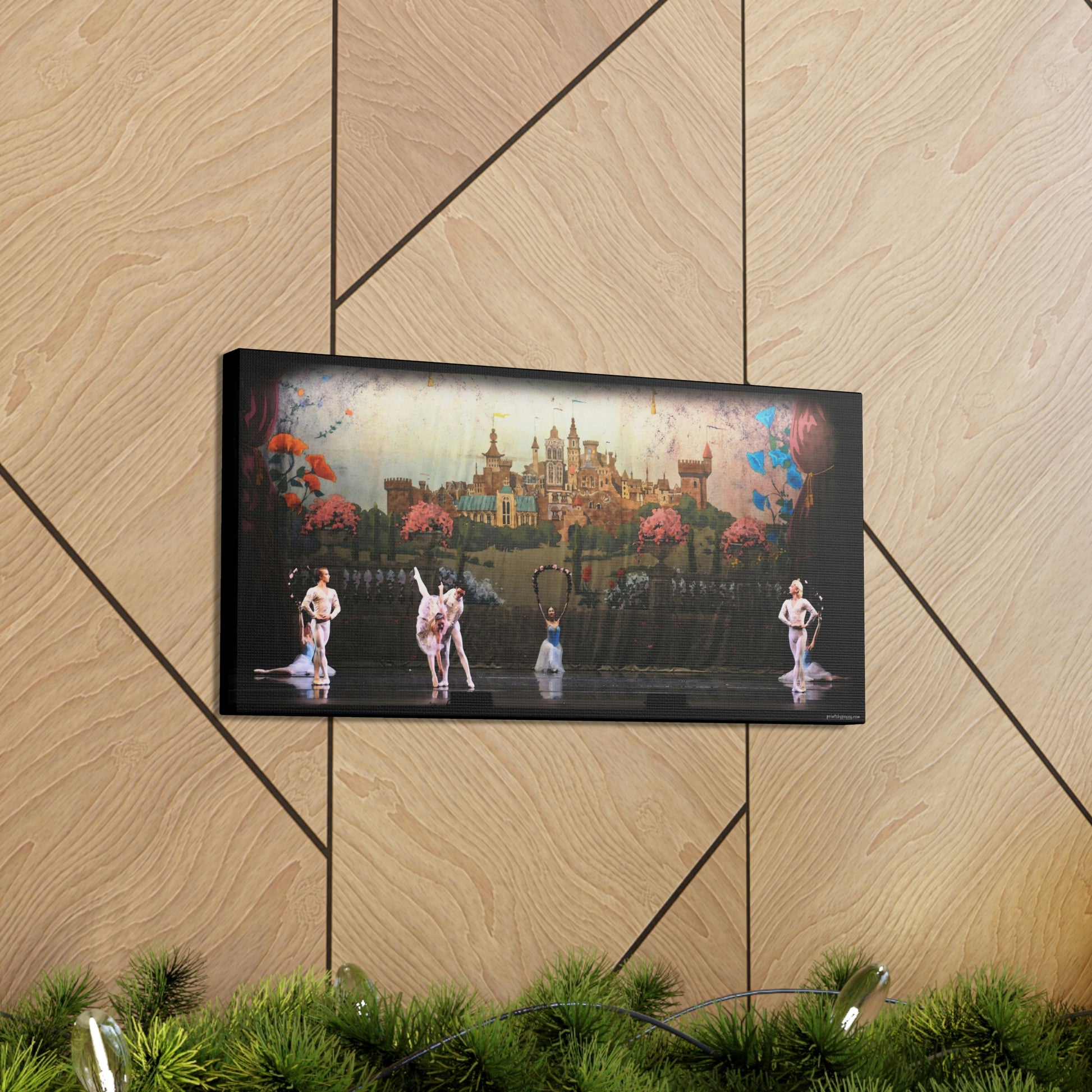 Canvas print with a beautiful ancient stone city on a hilltop in the background with 7 dancers in various poses both male and female.