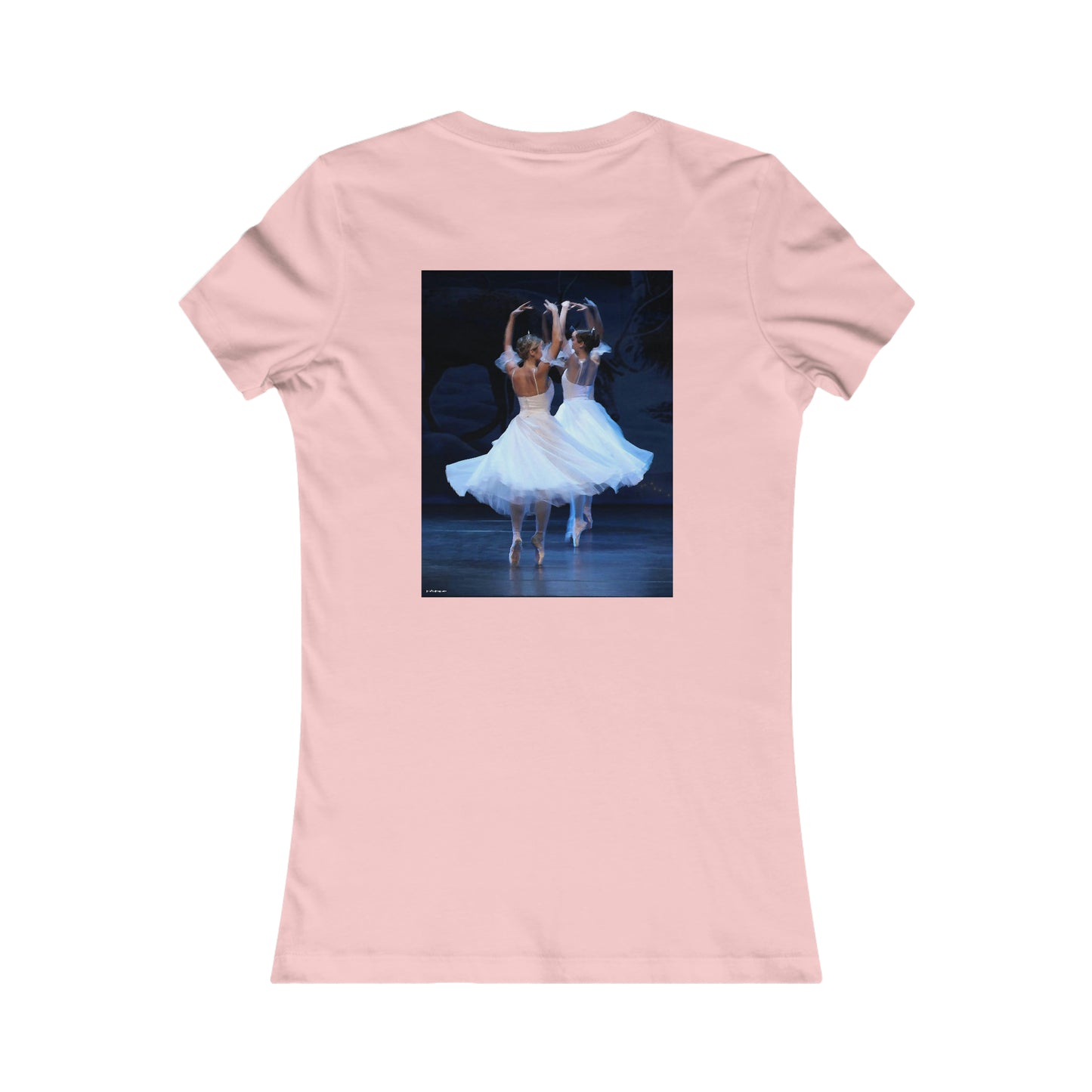 back side of the pink tee shirt with artwork of two ballerinas spinning en pointe in white dresses