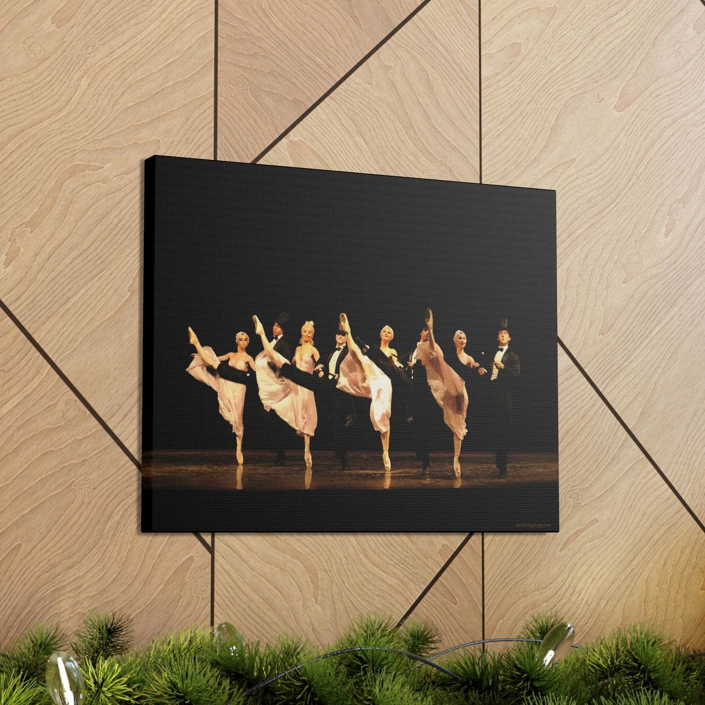 Artwork on a darker wooden wall of a kick line comprised of male and female dancers. Females are in white and the males are in tuxedos with top hats  