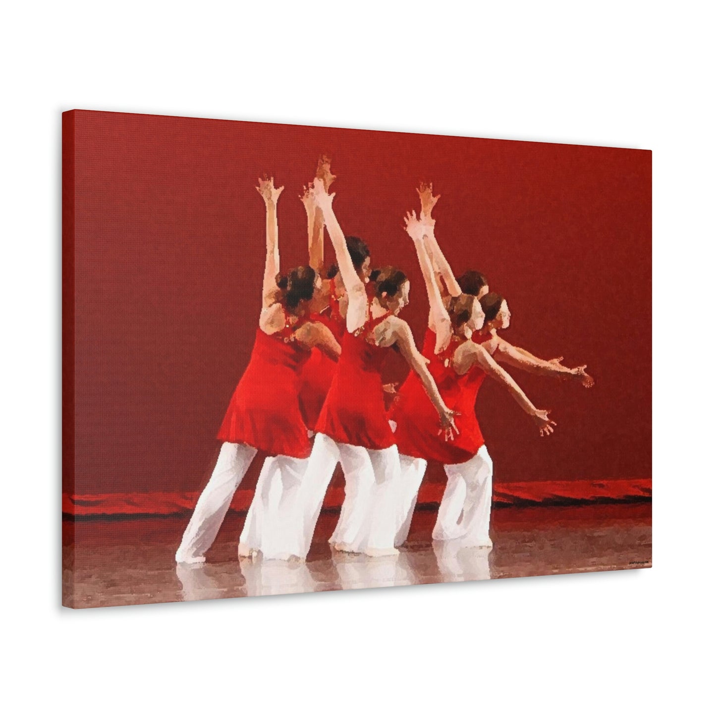 canvas print of modern dancers dressed in red and white costumes shown from rear