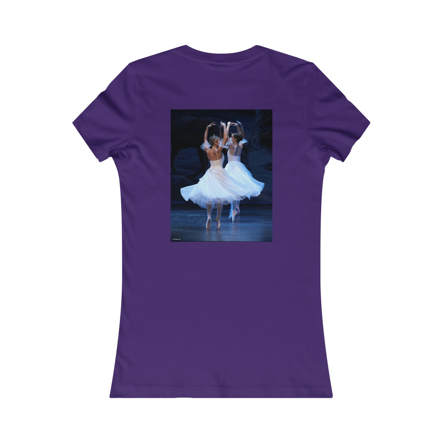 back side of the dark purple tee shirt with a picture of two ballerinas in white