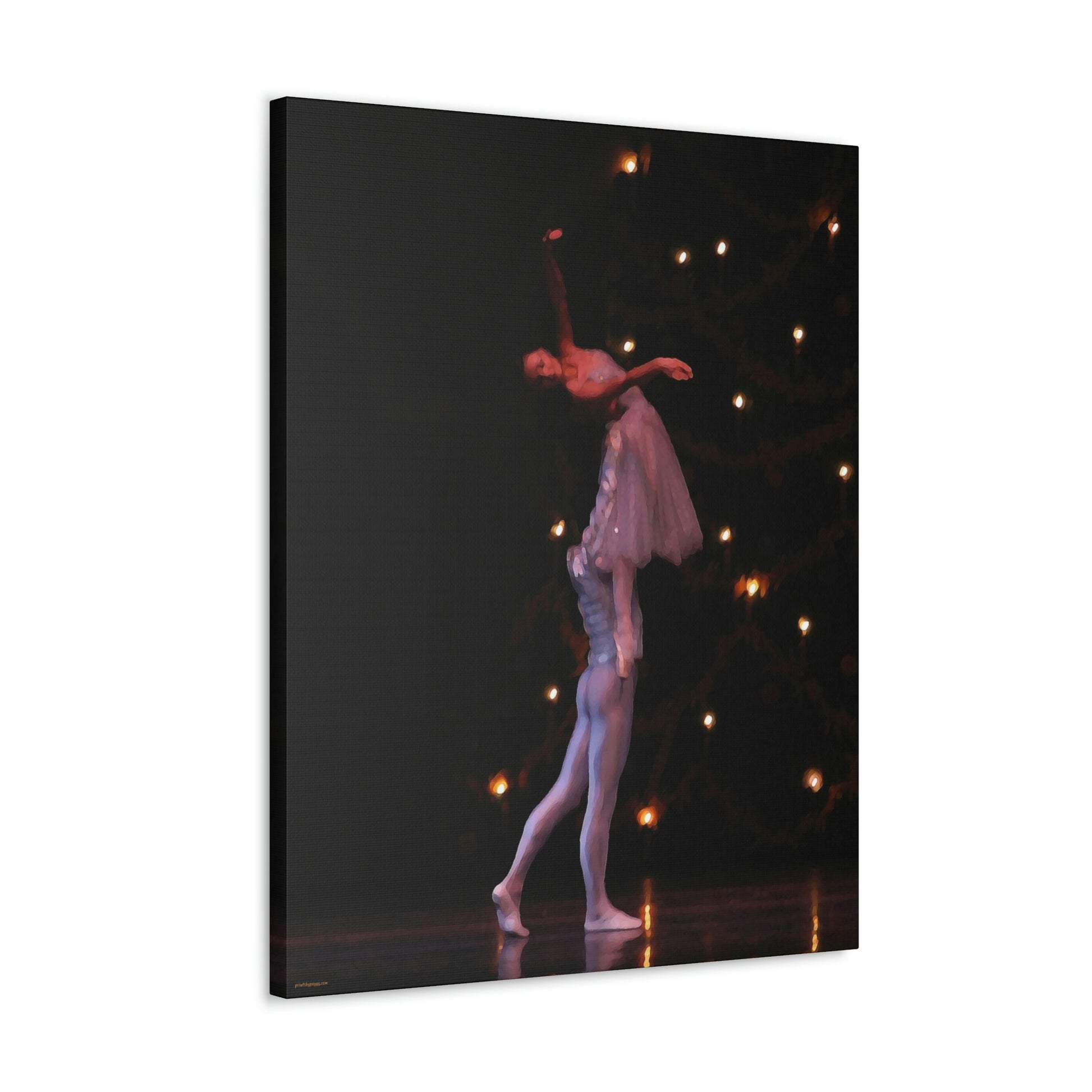 canvas print of a Nutcracker performance with a male dancer lifting a female dancer as they exit the stage.