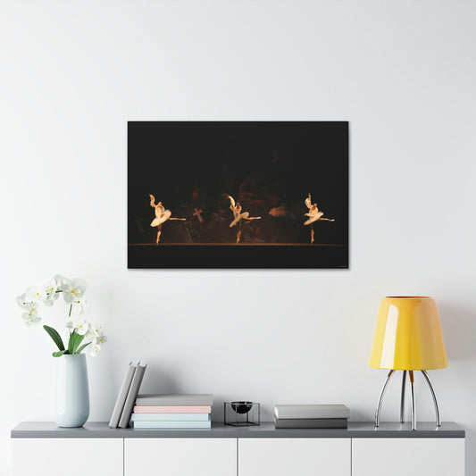 a painting on a wall of ballet dancers in white tutus on a dark background with crosses on it  
